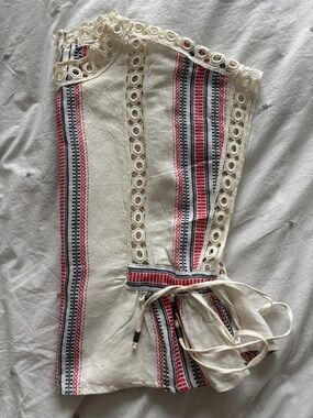 Tularosa Cream Striped Crochet Trim Blouse Top Side Tie Trendy Designer Sz S